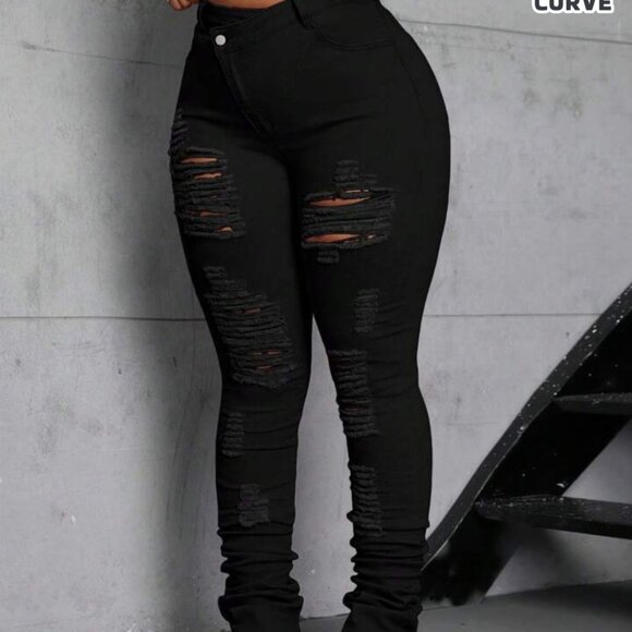 SHEIN Denim - Shein SXY Plus Size Women Stretchy Black Distressed Jeans